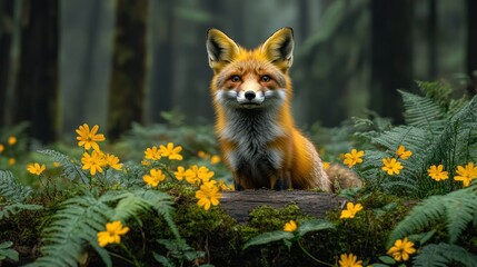 Naklejka premium Red fox sitting amidst yellow flowers in misty forest