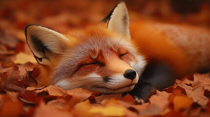 Fototapeta premium Red fox sleeping autumn leaves forest wildlife