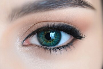 Obraz premium Close-up of a womana??s deep teal eye, showcasing the intricate textures in the iris and subtle reflections in the sclera, captured in