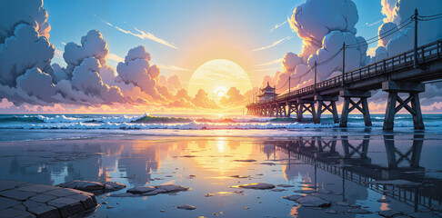 Pier at sunset with reflection on water, great for travel or relaxation-themed visuals