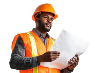 Confident African construction worker in safety gear holding blueprints, isolated on transparent cutout background