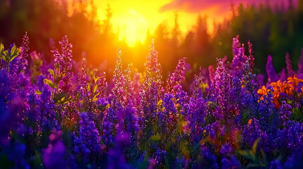 Fototapeta premium Sunset wildflowers meadow landscape, vibrant colors, forest background, nature photography