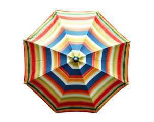 Colorful retro beach umbrella with stripes, isolated on transparent cutout background