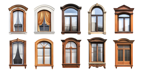 Set of different windows isolated on transparent cutout background