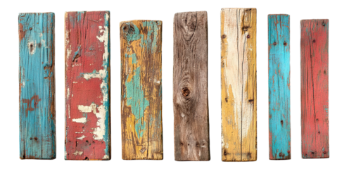 Set of old painted wooden boards in various colors, isolated on transparent cutout background