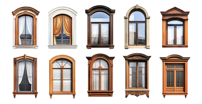 Set of different windows isolated on transparent cutout background