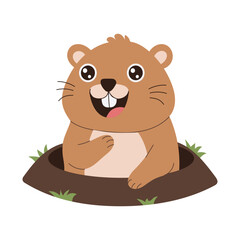 A cartoon of a cute little brown groundhog with a big smile on its face. It is sitting in a hole and it is happy