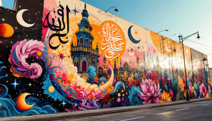 Obraz premium Vibrant Islamic Mural: A Colorful Celebration of Faith and Art