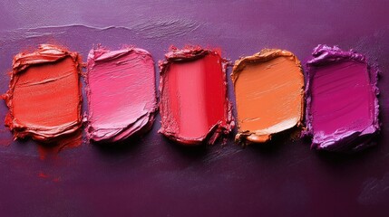 Five Vibrant Lipstick Swatches On Purple Background