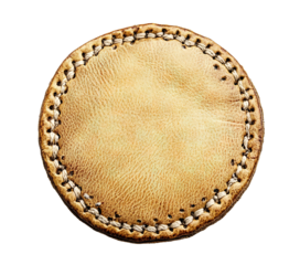 Beige round leather badge, isolated on a transparent cutout background	