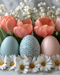 Pastel Easter eggs, tulips, spring flowers on marble for holiday decor