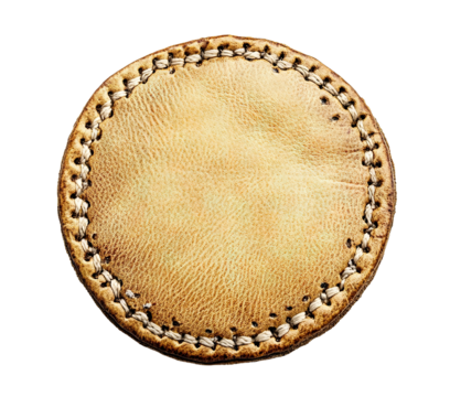 Beige round leather badge, isolated on a transparent cutout background	