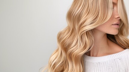 Fototapeta premium Blonde woman with long voluminous wavy hair, natural makeup and glowing skin, beauty portrait, soft side profile, isolated on light neutral background, elegant hairstyle concept, radiant look.