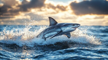 Fototapeta premium Shark leaping, ocean sunset, dramatic waves