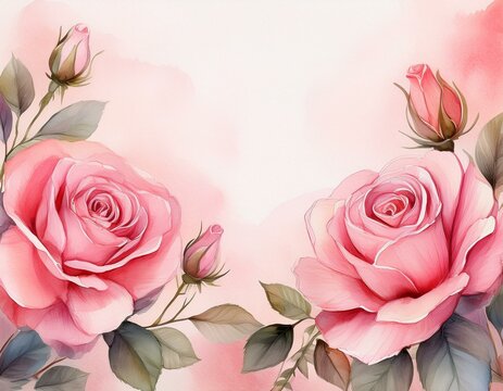 Generated image Pink rose flower background in watercolor technique, wide banner size with copy spac