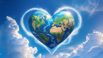 Naklejka premium Heart-shaped Earth floating in a bright blue sky