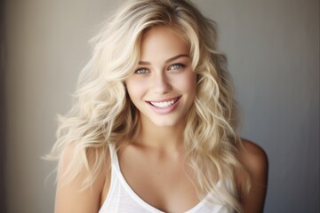 Fototapeta premium Confident and Gorgeous Head Shot of Attractive Blonde Woman with Flirty Grin and Glowing Skin - Perfect for Commercial Use