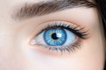 Obraz premium Detailed close-up of a womana??s radiant sky-blue eye, highlighting fine detailing and vibrant reflections within the iris, captured in