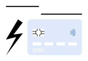 Blue contactless payment card with a chip and soundwave icon, paired with a black lightning bolt for speed. Ideal for finance, technology, e-commerce, innovation, security, speed, and abstract line