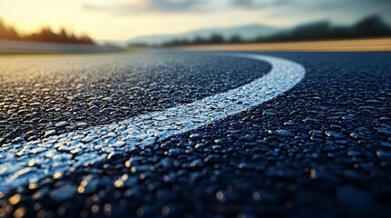 Close up of a low view showing white curved road markings on an asphalt surface, consisting of one continuous line and a dotted line, on a summer day, leaving room for your advertising or promotional
