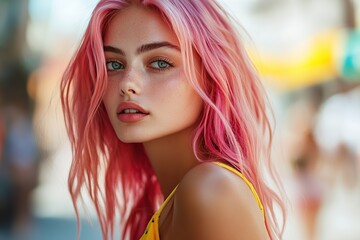 Closeup portrait of young woman with pink hair