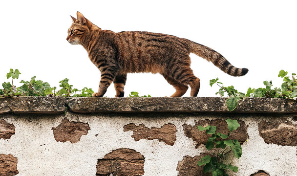 Striped tabby cat walking on a stone wall, isolated on transparent cutout background
