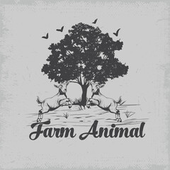 Fototapeta premium Art & Illustration Farm Animal Jumping Goat And Tree Hand Drawing Isolated Vector Image 