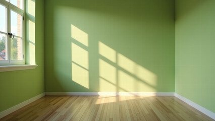 Fototapeta premium Elegant Living Room with Light Green Walls, Wooden Flooring, and Sunlight Filtering In