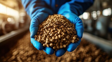 Gloved hands hold a portion of brown feed pellets