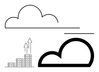 Minimal cloud outlines with a bar chart and upward arrows symbolizing growth, progress, and innovation. Ideal for technology, data, strategy, growth, leadership, cloud computing abstract line flat