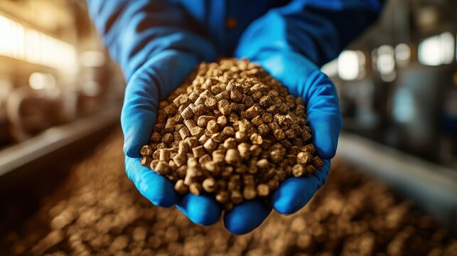 Gloved hands hold a portion of brown feed pellets