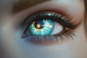 Fototapeta premium Detailed close-up of a womana??s pale turquoise eye, with glowing reflections and subtle veins in the iris, captured in ultra HD