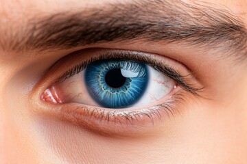 Detailed close-up of a mana??s deep ocean blue eye, highlighting the intricate detailing and smooth sclera, captured in