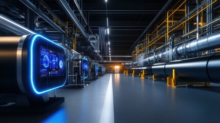 Obraz premium High-Tech Industrial Factory Interior with Advanced Control Panels and Complex Machinery Features for Modern Manufacturing and Production Environments