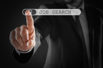 Job search. Businessman touching virtual search bar on black background, closeup