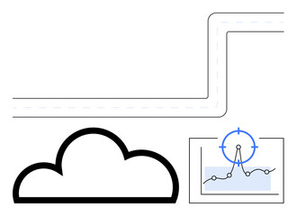 Minimalist cloud icon connected to a path leading to a graph with a target point. Ideal for technology, data flow, analytics, cloud services, strategy, navigation, abstract line flat metaphor