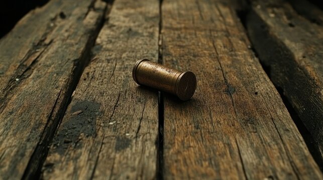 Spent bullet casing on rustic wood. History, war, conflict background