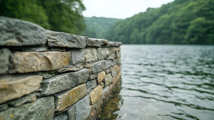Stone wall by calm lake, forest backdrop, nature serenity