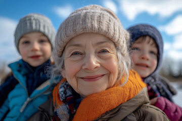 Grandmother and grandchildren share joyful moments under a blue sky