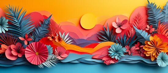 Naklejka premium Vibrant paper cut-out landscape with flowers, sunset, and tropical foliage in a serene setting