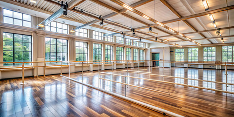 A large dance studio features polished wooden floors and rows of mirrors. Sunlight streams through ample windows, creating a vibrant atmosphere ideal for dance practice and classes