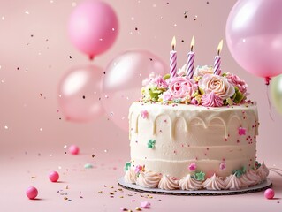 A birthday cake with floral decorations, isolated on a soft background with shiny balloons floating around.