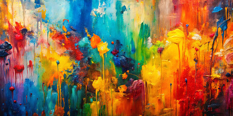 Fototapeta premium An abstract artwork features an explosion of bright colors blending together. Rich hues of blue, yellow, red, and green create an energetic, lively atmosphere, evoking emotion and creativity