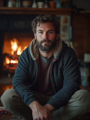Obraz premium Bearded man kneeling in front of a warm fireplace during a cozy evening