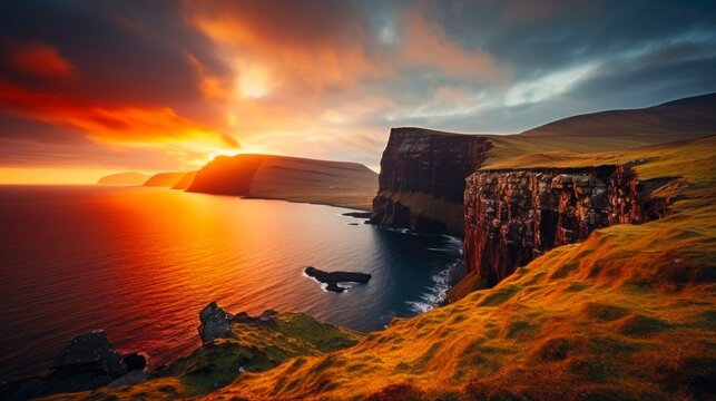 Drangarnier Rock Formations and Tindholmur Island at Sunset on Vagar, Faroe Islands - Majestic Coastline of the North Atlantic