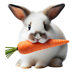 A rabbit with a carrot in its mouth, isolated on transparent background