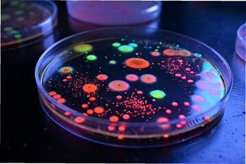 Astrobiology Studies, A vibrant petri dish displays glowing microorganisms in various colors, showcasing the beauty of microbiology and bioluminescence under UV light.