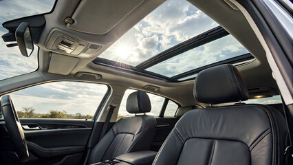Luxurious car interior featuring leather seats and a panoramic sunroof. Bright sunlight streams in, illuminating the cabin while a picturesque landscape is visible outside