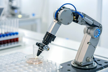 Astrobiology Studies, A robotic arm is manipulating a liquid sample in a laboratory setting, showcasing advanced automation in scientific research.
