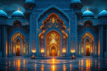 Obraz premium Glowing Ornate Palace Archways at Dusk with Blue Domes and Golden Light